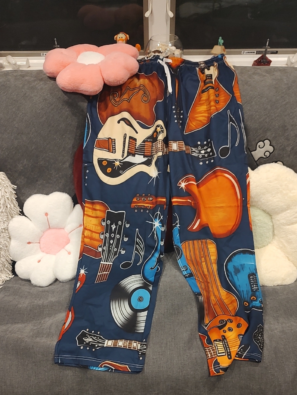 Music-Themed Printed Men's Lounge Pants with Guitars  Size XL